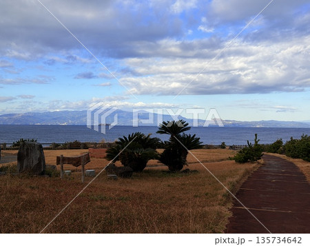 伊豆大島の元町港と周辺に広がる港町の街並み 135734642