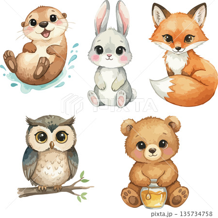 かわいい森の動物たちの水彩画イラストセット 135734758