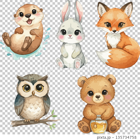 かわいい森の動物たちの水彩画イラストセット 135734758