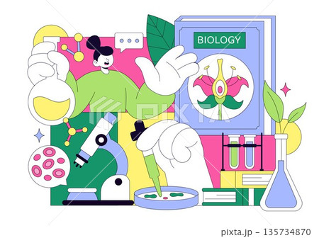 Biology Vector Illustration Featuring DNA Gene Molecule, Virus, Genetic Biotechnology, Chemistry, Genome, And Science Flat Style Background 135734870