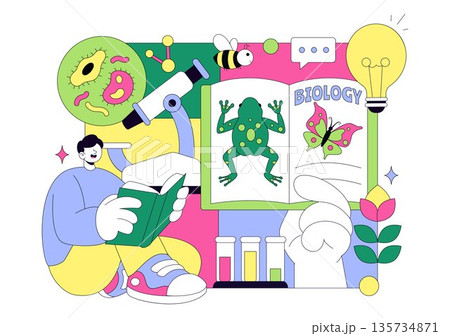 Biology Vector Illustration Featuring DNA Gene Molecule, Virus, Genetic Biotechnology, Chemistry, Genome, And Science Flat Style Background 135734871