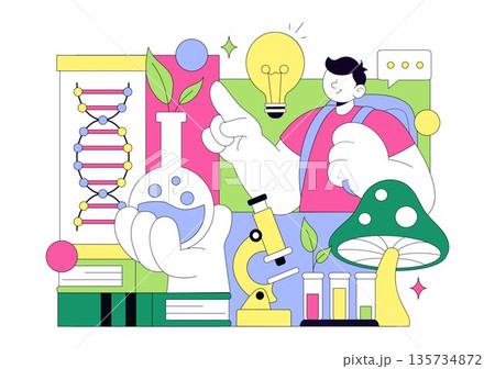 Biology Vector Illustration Featuring DNA Gene Molecule, Virus, Genetic Biotechnology, Chemistry, Genome, And Science Flat Style Background Biology Vector Illustration Featuring DNA Gene Molecule, Virus, Genetic Biotechnology, Chemistry, Genome, And Science Flat Style Background 135734872