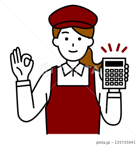 電卓を見せてOKサインをするカフェの女性店員 135735041
