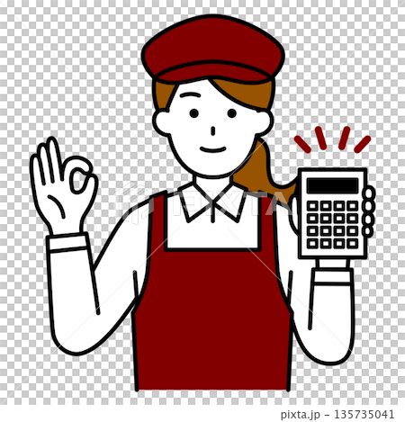 A female cafe employee shows a calculator and gives an OK sign A female cafe employee shows a calculator and gives an OK sign 135735041