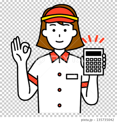 A female employee at a fast food restaurant shows a calculator and gives an OK sign A female employee at a fast food restaurant shows a calculator and gives an OK sign 135735042