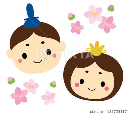 ひな祭り やさしい表情のかわいいお雛様の顔イラスト/線なし・桃の花 135735117