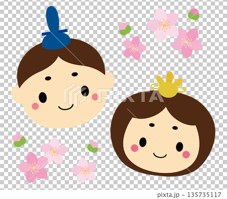 Hinamatsuri - Cute Hina dolls with gentle expressions, face illustration / no lines, peach blossoms 135735117