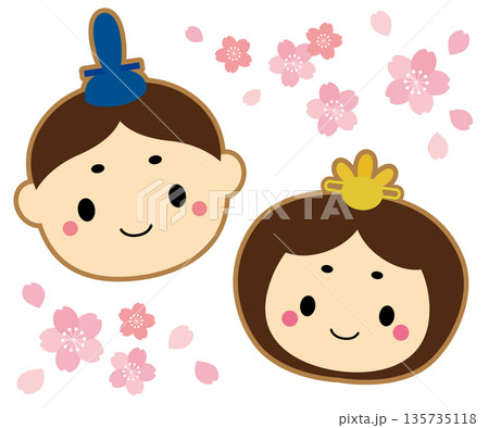 ひな祭り やさしい表情のかわいいお雛様の顔イラスト/線あり・桜の花 135735118