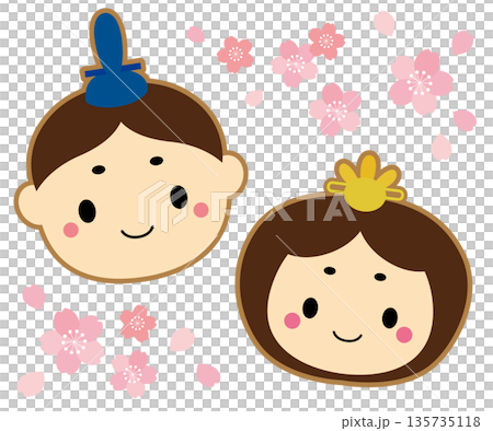 Hinamatsuri - Cute Hina dolls with gentle expressions, illustration with lines and cherry blossoms 135735118
