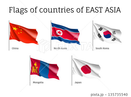 Set of waving flags of East Asian countries China, South and North Korea, Japan and Mongolia. Collection with 5 signs of Asian states. Vector isolated icons Set of waving flags of East Asian countries China, South and North Korea, Japan and Mongolia. Collection with 5 signs of Asian states. Vector isolated icons 135735540