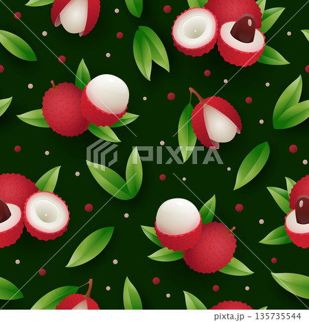 Lychee fruit tropical seamless pattern. Bright organic desert, tropical vegetarian food. Endless repeating print for fabric, textile, wrapping paper, background design vector illustration Lychee fruit tropical seamless pattern. Bright organic desert, tropical vegetarian food. Endless repeating print for fabric, textile, wrapping paper, background design vector illustration 135735544
