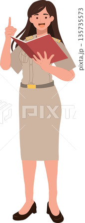 government officer civil servant woman teacher holding textbook explaining lesson 135735573