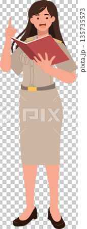 government officer civil servant woman teacher holding textbook explaining lesson 135735573
