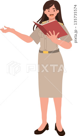 education concept woman teacher in official uniform reading textbook presentation lecture education concept woman teacher in official uniform reading textbook presentation lecture 135735574