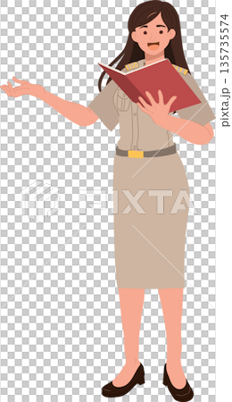 education concept woman teacher in official uniform reading textbook presentation lecture education concept woman teacher in official uniform reading textbook presentation lecture 135735574