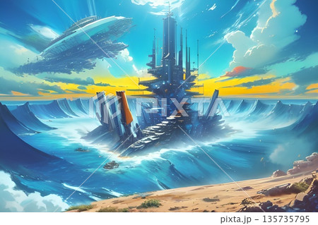 ゲーム背景　氷山に囲まれた軍事秘密基地と空中戦艦 135735795