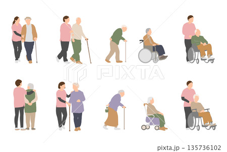 老人ホームや介護施設で高齢者の移動や生活をサポートするスタッフのイラスト	 135736102