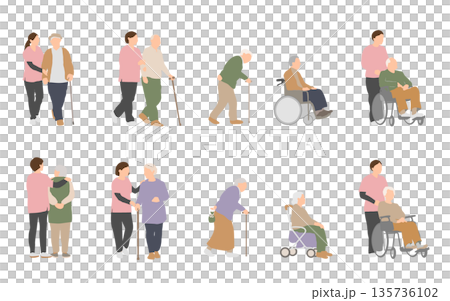 老人ホームや介護施設で高齢者の移動や生活をサポートするスタッフのイラスト	 135736102