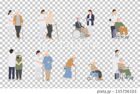 一組插圖，描繪了在醫院照顧老年人的醫護人員和上門護理的護士。 135736103