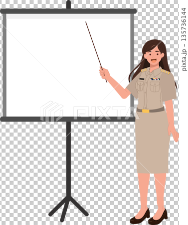 female teacher in official uniform pointing at a blank projector screen during a presentation, in classroom female teacher in official uniform pointing at a blank projector screen during a presentation, in classroom 135736144