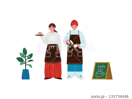 カフェで働く男女のイラスト カフェで働く男女のイラスト 135736486