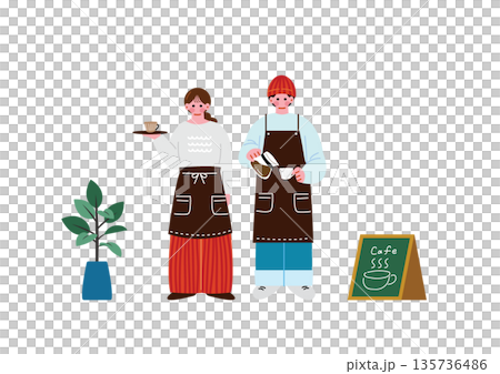 カフェで働く男女のイラスト カフェで働く男女のイラスト 135736486