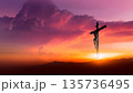 Holy concept : Silhouette cross on mountain sunset background, Christianity background 135736495