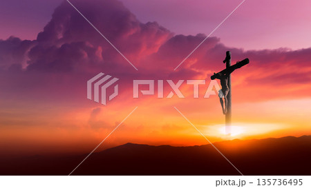 Holy concept : Silhouette cross on mountain sunset background, Christianity background 135736495