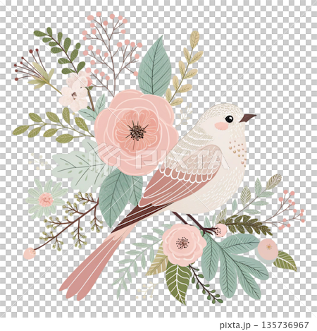 Elegant cute bird with floral decoration muted luxury color palette 135736967