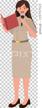 education communication concept teacher holding textbook and mic speech conference presentation education communication concept teacher holding textbook and mic speech conference presentation 135737313