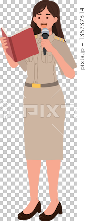speaker with microphone woman teacher in official uniform giving lecture seminar workshop character 135737314