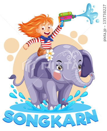 Cartoon Girl Riding Elephant and Shooting Water Gun for Songkran Festival 135738227