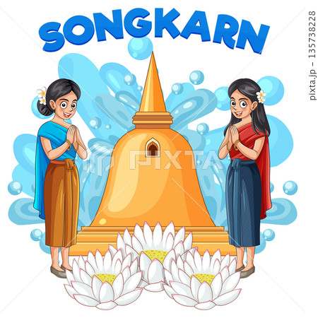 Thai Women in Traditional Dress Celebrating Songkran Festival with Golden Pagoda Thai Women in Traditional Dress Celebrating Songkran Festival with Golden Pagoda 135738228
