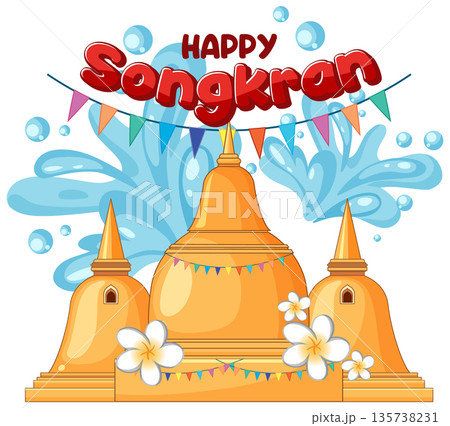 Happy Songkran Festival Vector Illustration with Golden Pagodas and Water Splashes 135738231