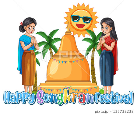 Thai Women in Traditional Dress Celebrating Songkran Festival with Golden Pagoda 135738238
