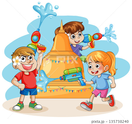 Children Celebrating Songkran Festival with Water Guns Near a Golden Pagoda 135738240