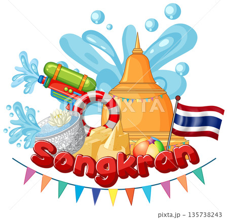 Colorful Songkran Festival Elements with Water Splashes and Thai National Flag 135738243