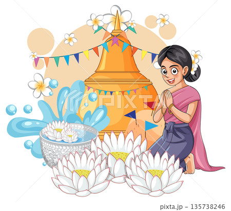 Thai Woman in Traditional Dress Celebrating Songkran Festival with Water and Flowers Thai Woman in Traditional Dress Celebrating Songkran Festival with Water and Flowers 135738246