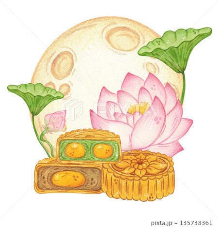 A lotus flower and leaves with mooncakes against a large moon. Hand-drawn watercolor illustration, cartoon. Design for scrapbooking, sticker, card. Food, holiday, Mid-Autumn Day, Asia, treat, family 135738361