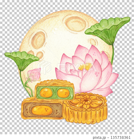 A lotus flower and leaves with mooncakes against a large moon. Hand-drawn watercolor illustration, cartoon. Design for scrapbooking, sticker, card. Food, holiday, Mid-Autumn Day, Asia, treat, family 135738361