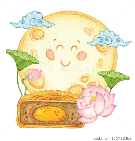 A smiling moon among lotus flowers with mooncakes. Hand-drawn watercolor illustration, cartoon. Design for scrapbooking, sticker, card, banner. Food, Mid-Autumn Day, Asia, family, leaves, plant A smiling moon among lotus flowers with mooncakes. Hand-drawn watercolor illustration, cartoon. Design for scrapbooking, sticker, card, banner. Food, Mid-Autumn Day, Asia, family, leaves, plant 135738362