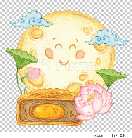 A smiling moon among lotus flowers with mooncakes. Hand-drawn watercolor illustration, cartoon. Design for scrapbooking, sticker, card, banner. Food, Mid-Autumn Day, Asia, family, leaves, plant A smiling moon among lotus flowers with mooncakes. Hand-drawn watercolor illustration, cartoon. Design for scrapbooking, sticker, card, banner. Food, Mid-Autumn Day, Asia, family, leaves, plant 135738362