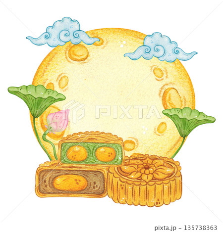 A lotus bud and leaves with mooncakes against a moon background. Hand-drawn watercolor illustration, cartoon. Design for scrapbooking, sticker, card, banner. Food, holiday, Mid-Autumn Day, Asia, treat 135738363