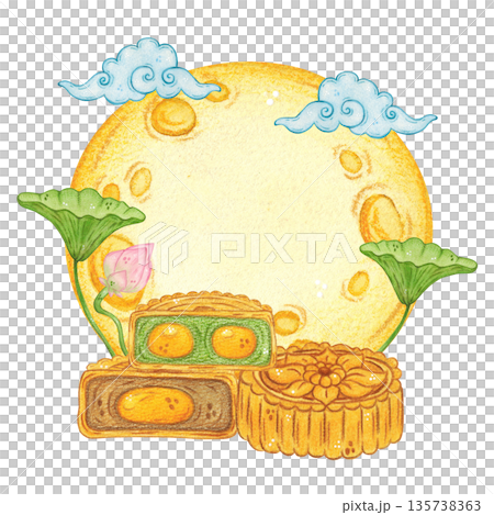 A lotus bud and leaves with mooncakes against a moon background. Hand-drawn watercolor illustration, cartoon. Design for scrapbooking, sticker, card, banner. Food, holiday, Mid-Autumn Day, Asia, treat 135738363