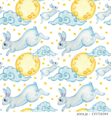 Seamless pattern with moon bunnies among stars and clouds. Hand-drawn watercolor illustration, cartoon. Design for scrapbooking, sticker, card, banner. Holiday, Mid-Autumn Day, animal, dream, baby 135738364