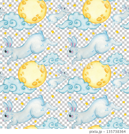 Seamless pattern with moon bunnies among stars and clouds. Hand-drawn watercolor illustration, cartoon. Design for scrapbooking, sticker, card, banner. Holiday, Mid-Autumn Day, animal, dream, baby 135738364