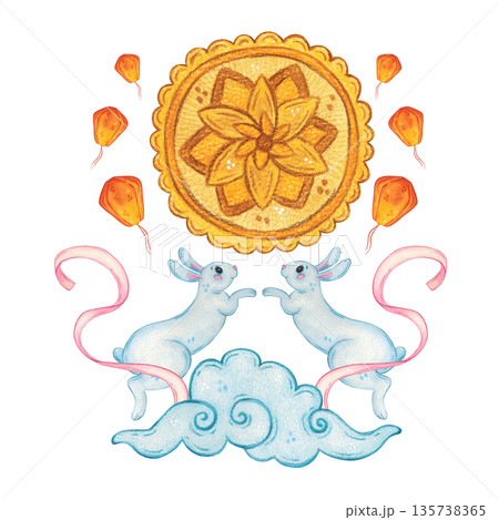 Two hares, ribbons, mooncake, lanterns, and a cloud. Hand-drawn watercolor illustration, cartoon. Design for scrapbooking, sticker, card, and banner. Animal, food, holiday, Mid-Autumn Day, Asia, pink 135738365