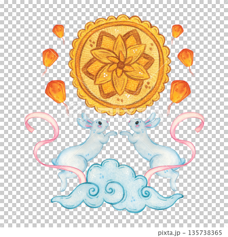 Two hares, ribbons, mooncake, lanterns, and a cloud. Hand-drawn watercolor illustration, cartoon. Design for scrapbooking, sticker, card, and banner. Animal, food, holiday, Mid-Autumn Day, Asia, pink 135738365