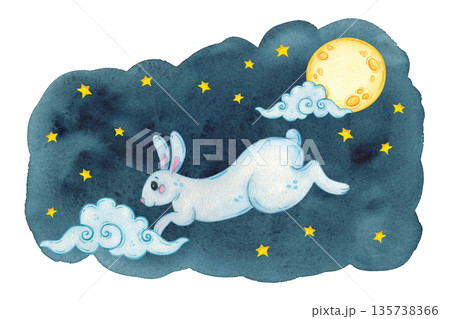 A blue hare hops among stars and clouds on a dark spot. Hand-drawn watercolor illustration, cartoon. Design for scrapbooking, sticker, card, banner. Mid-Autumn Day, dream, baby, fairy tale, legend 135738366