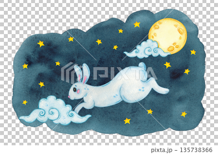 A blue hare hops among stars and clouds on a dark spot. Hand-drawn watercolor illustration, cartoon. Design for scrapbooking, sticker, card, banner. Mid-Autumn Day, dream, baby, fairy tale, legend A blue hare hops among stars and clouds on a dark spot. Hand-drawn watercolor illustration, cartoon. Design for scrapbooking, sticker, card, banner. Mid-Autumn Day, dream, baby, fairy tale, legend 135738366